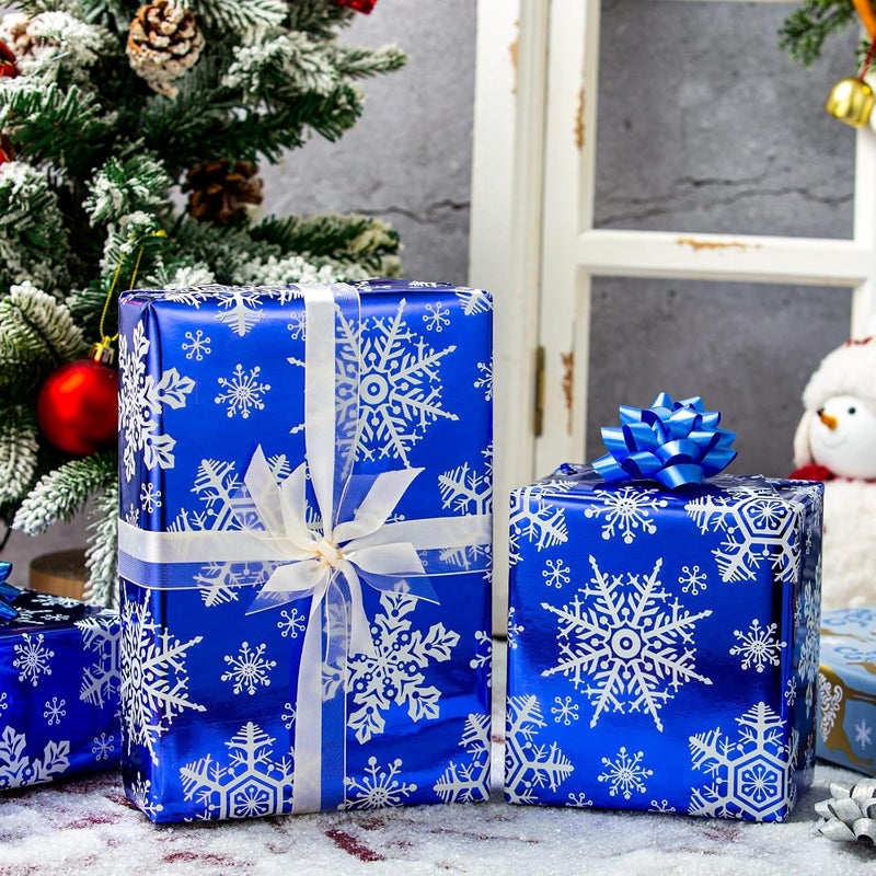 Yarcony Blue Christmas Wrapping Paper Roll, Snowflake Wrapping Paper, Navy Blue and White Snowflake, Deer Winter Theme Christmas Gift Wrap for Holiday, Gift Packaging (Mini Roll, 17 Inch X 33 Feet) - Image 2